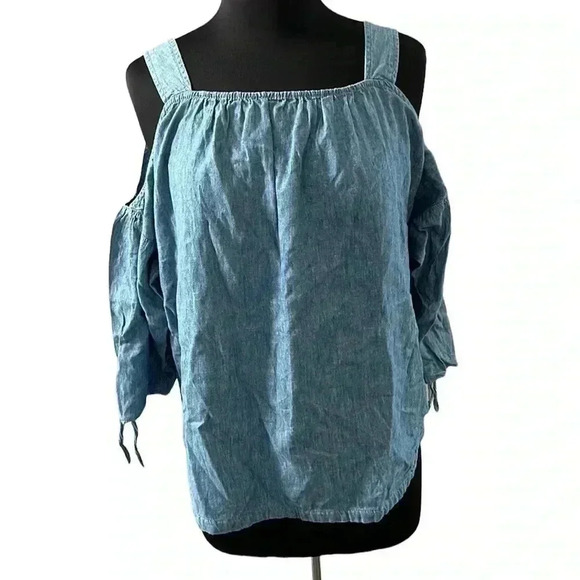 Madewell Cold Shoulder Linen Blend Blue Long Sleeve Blouse Size L - Picture 1 of 6
